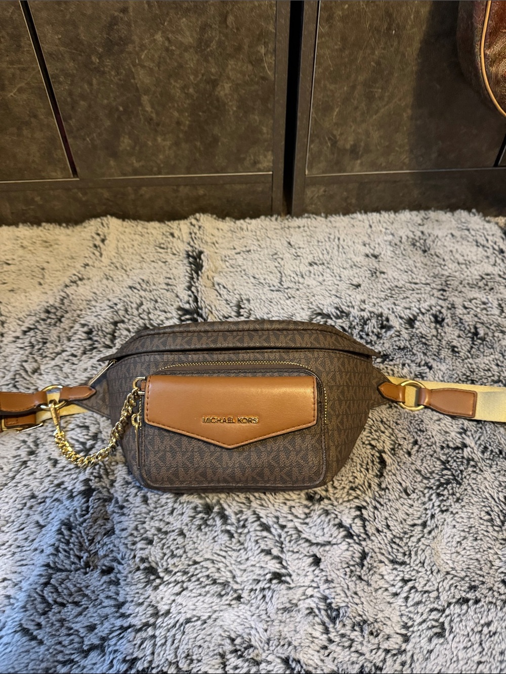 Michael Kors Brown and Tan MK Logo Crossbody Belt Bag In Excellent Used Cond